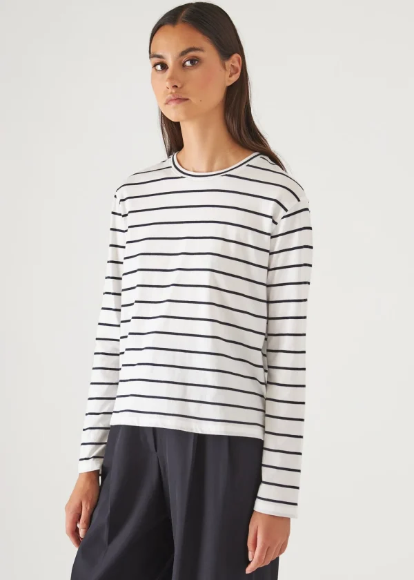 PATRICK ASSARAF Organic Pima Cotton Stripe Boyfriend Long Sleeve Crew | Women T-Shirts